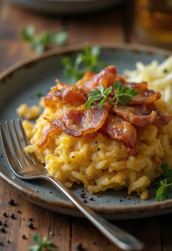 Bubble and squeak serveret med bacon, med gyldenbrun sprød overflade