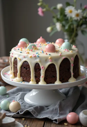 Plettet chokoladekage med hvid creme og spiselige pletter