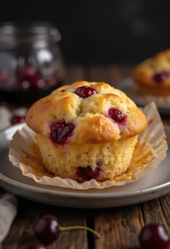 Friske kirsebærmuffins bagt gyldenbrune, drysset med flormelis