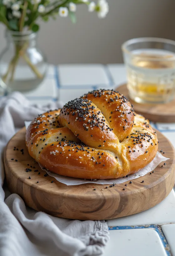 Frisk, hjemmelavet pretzel med birkes, sprød og gyldenbrun