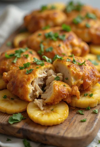 Acarajé med kylling, tapiokaboller, stegt banan og pyntet med koriander