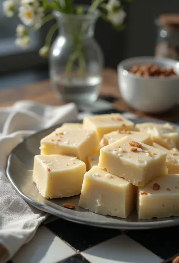 Mandel Barfi, serveret med mandler og safransmag