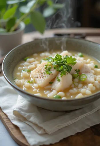 Cháo med fisk, hvide ris, fisk og frisk koriander serveret