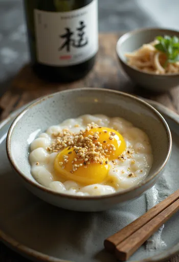 Chawanmushi serveret med sake, sesamfrø og friske forårsløg
