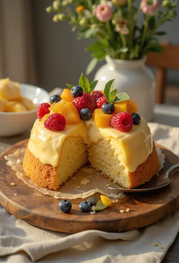 Frisk frugttærte med farverige frugter og skinnende gelélag