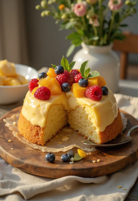 Frisk frugttærte med farverige frugter og skinnende gelélag