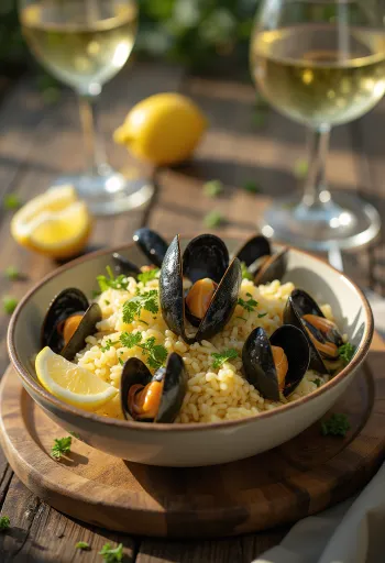 Ris med muslinger serveret