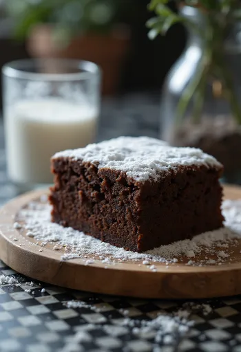 Kakaokage skåret i stykker, drysset med flormelis