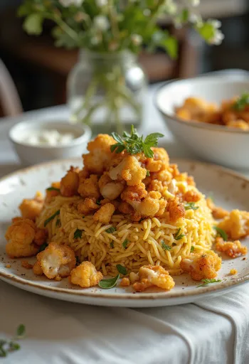 Maqluba med blomkål, rig risret med kylling, blomkål og frisk koriander