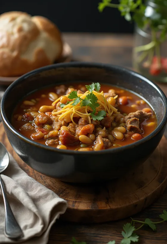 Pozole con chile pasilla serveret med lime, koriander og friske forårsløg
