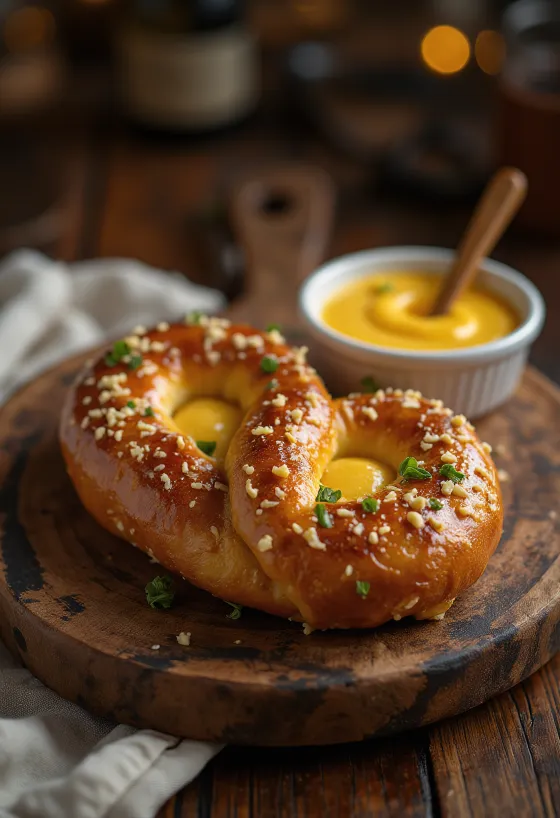 Frisk, hjemmelavet pretzel, sprød og gyldenbrun, med honning-sennepsauce
