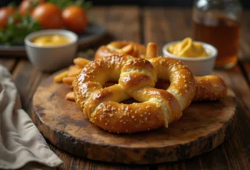 Frisk, hjemmelavet pretzel, sprød og gyldenbrun, med honning-sennepsauce
