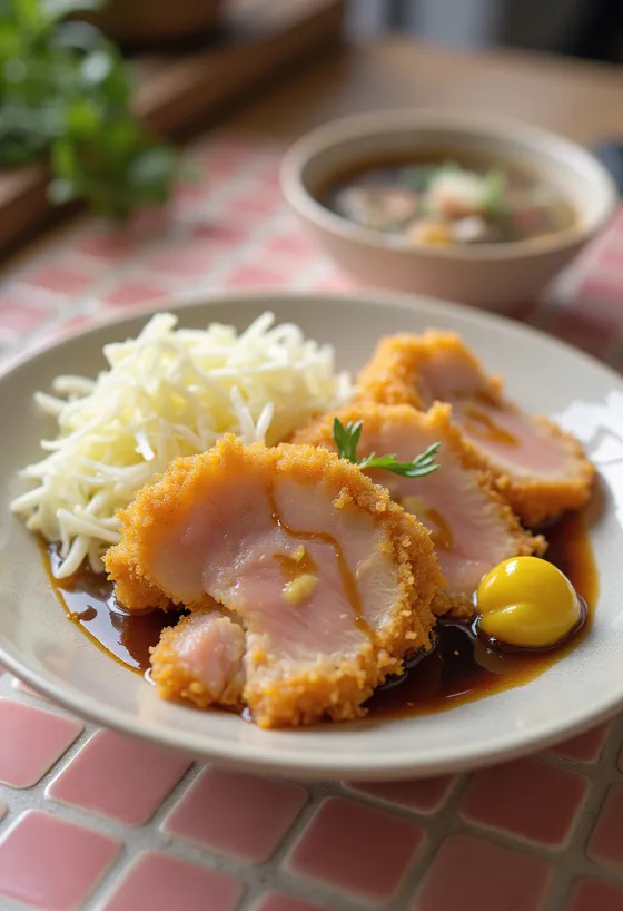 Tonkatsu-skål med sennep, stegt kød og frisk salat