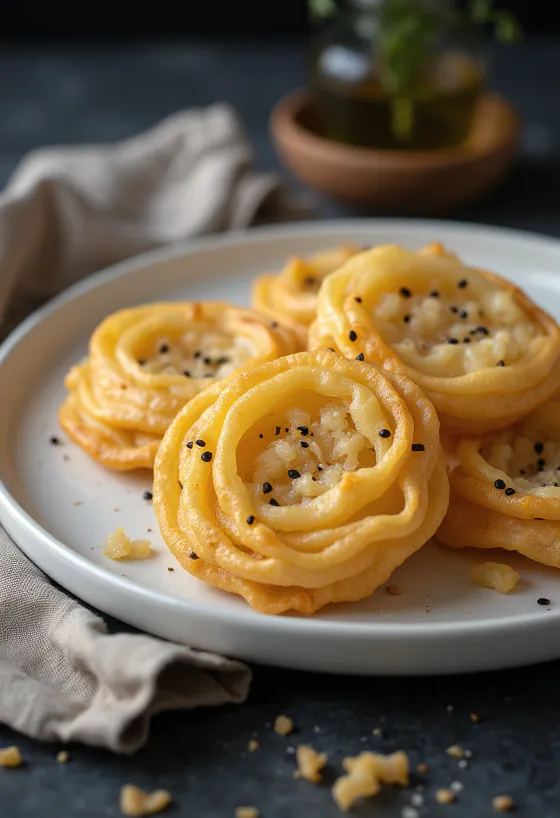 Frisksbagte Achappam kokosboller i gyldenbrun farve, arrangeret i en skål.