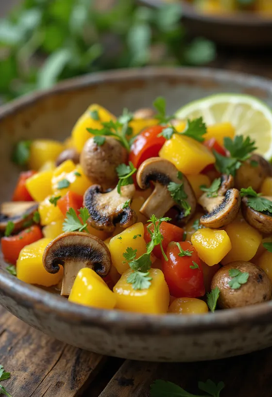 Ackee og svampe, en lækker ret serveret med frisk koriander og limeskiver