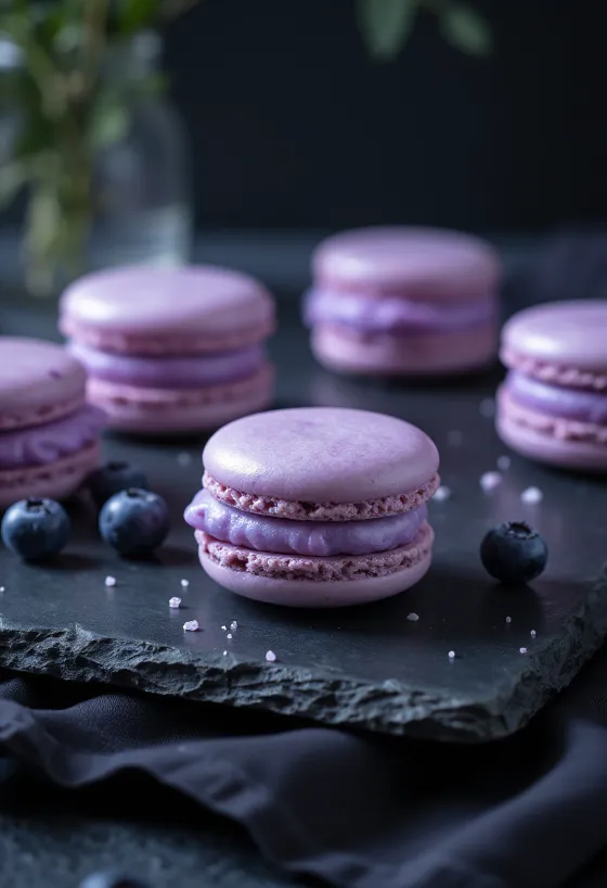 Macarons med blåbær og marcipan serveret