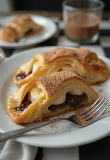 Banan-chokolade strudel friskbagt, drysset med flormelis