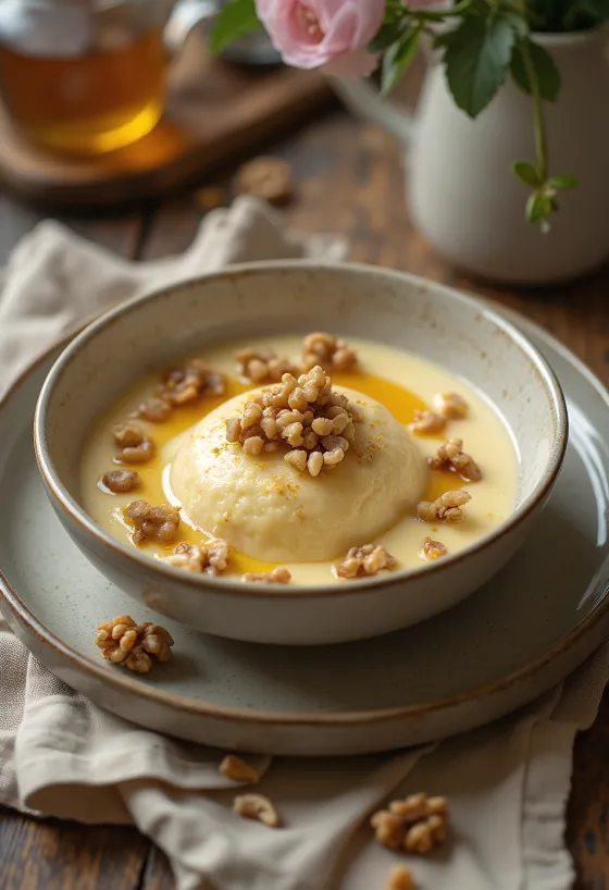 Valnødde panna cotta serveret