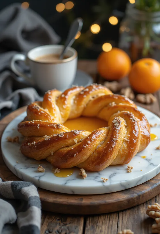 Kringle med appelsinfyld, butterdej, appelsinfyld og frisk bagværk.
