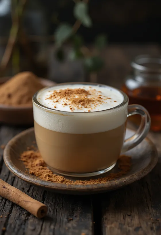 Honning chai latte serveret med kanelstang og krydderier