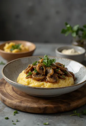 Polenta med svamperagout, serveret med frisk persille