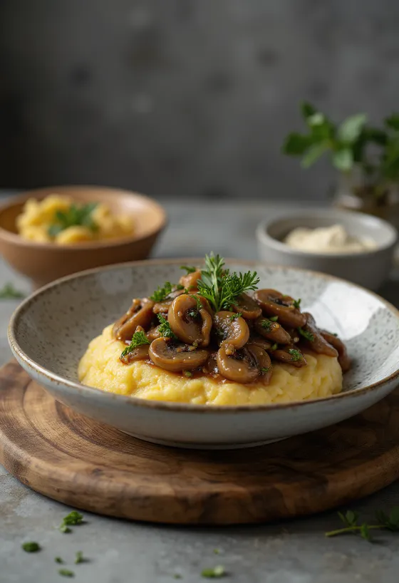 Polenta med svamperagout, serveret med frisk persille