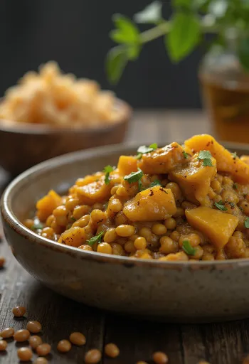 Puli Kootu serveret, pyntet med frisk koriander