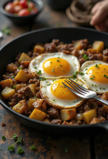 Stegte kartoffeltern blandet med kød og løg på pande