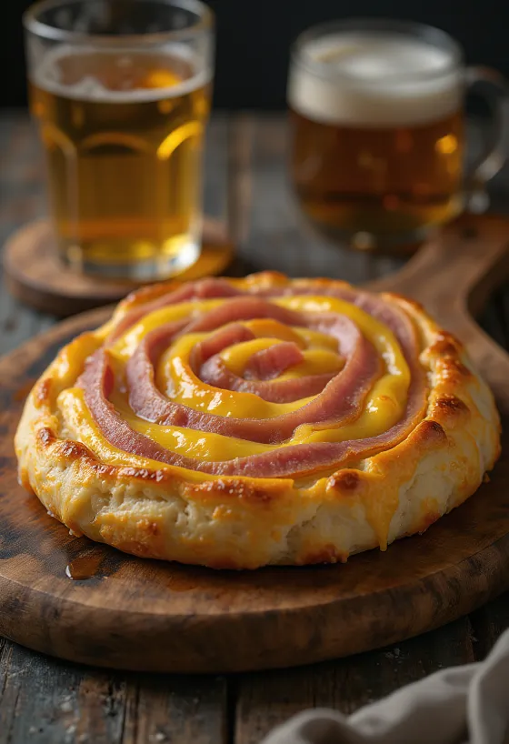 Skorstenskage med skinke og ost serveret