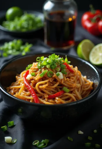 Tamari risnudler, serveret med sesamolie og lime