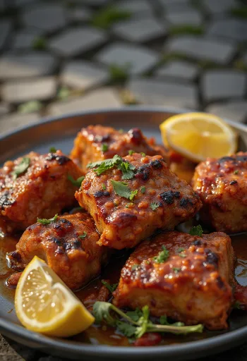 Tandoori goat serveret med naanbrød og frisk koriander.