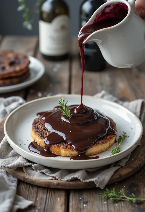 Rødvin-chokoladesauce serveret