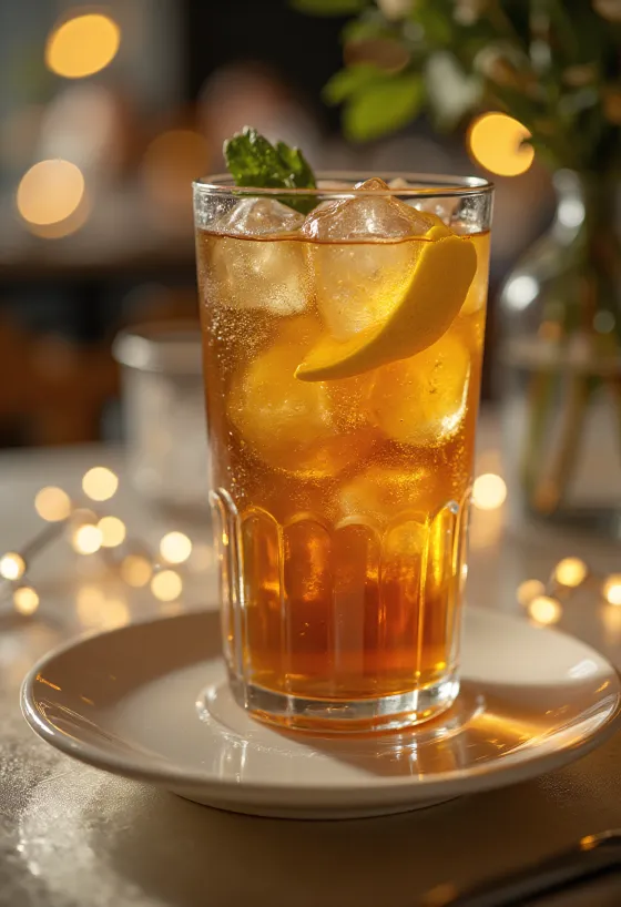 Long Island Iced Tea cocktail pyntet med citronskive