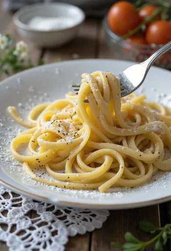 Frisk pasta med birkes drysset med flormelis, rigt dækket med birkes