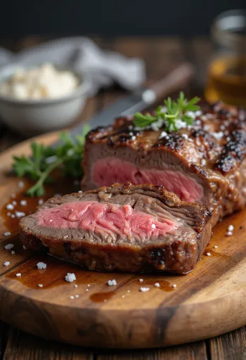 Picanha, grillede brasilianske oksekødsskiver med stegte kartofler og chimichurri sauce