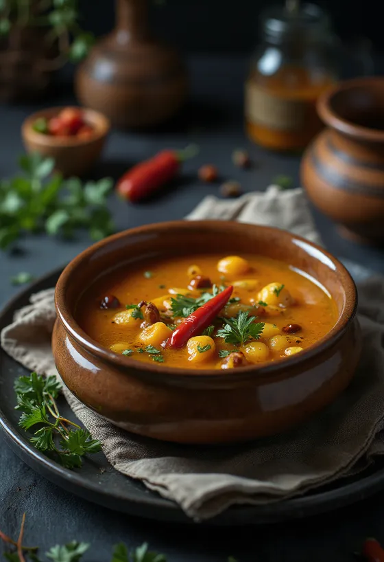 Klar rasam suppe med tamarind serveret med frisk koriander
