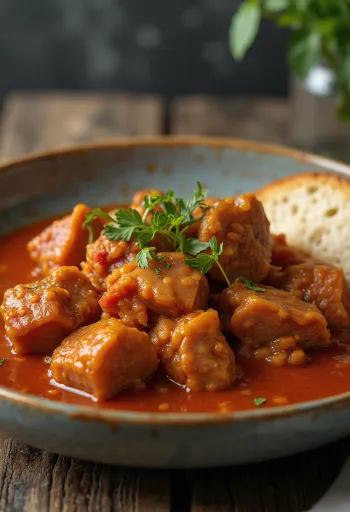 Svinekødsgryde serveret med kartofler og frisk persille