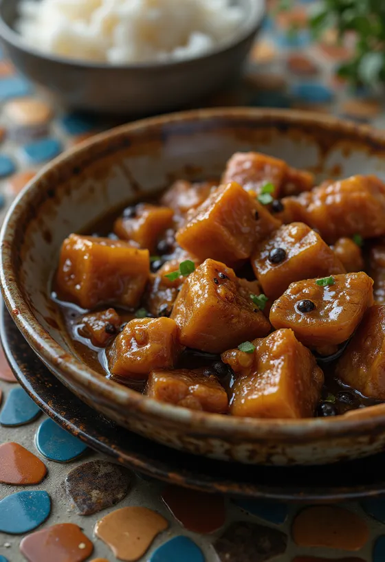 Adobo med svinekød, serveret med ris og frisk koriander