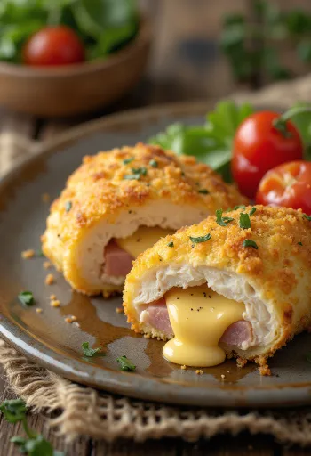 Cordon bleu serveret med frisk salat og stegte kartofler
