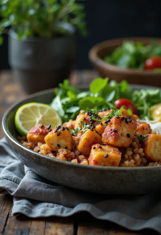 Lime tofu quinoa Buddha-bowl med karry-rødbedetahini serveret