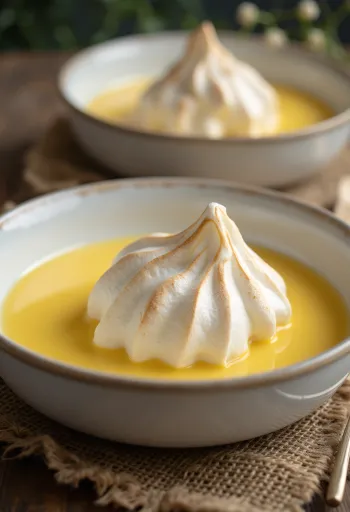 Flydende øer serveret i glas med vaniljecreme og æggehvideboller