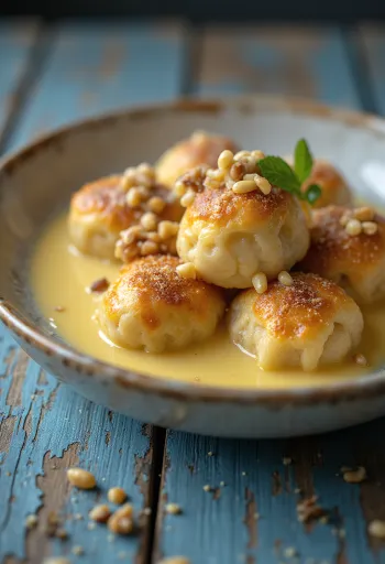 Traditionel Aranygaluska med vaniljecreme – Bløde dumplings med valnødder serveret med sød, cremet sauce.