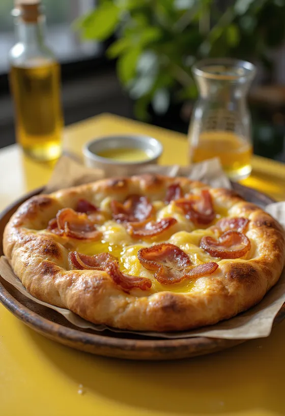Bacon og rødløg focaccia serveret