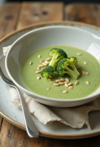 Broccolisuppe med ristede kerner serveret