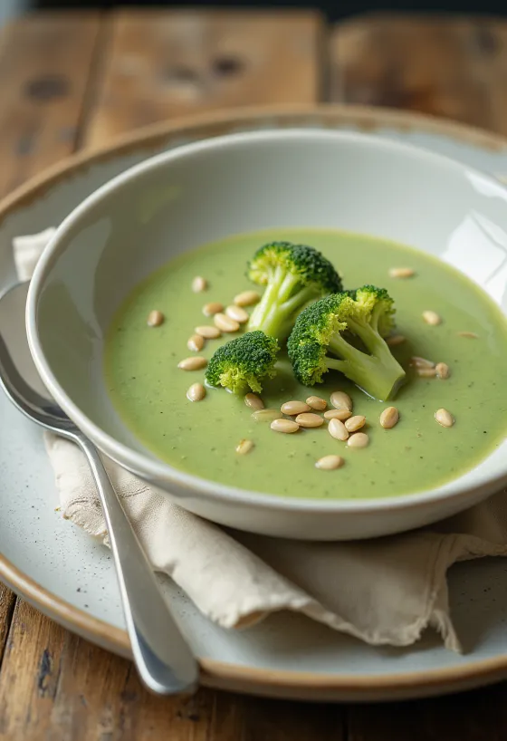 Broccolisuppe med ristede kerner serveret