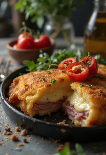 Cachopo serveret med pommes frites og citron