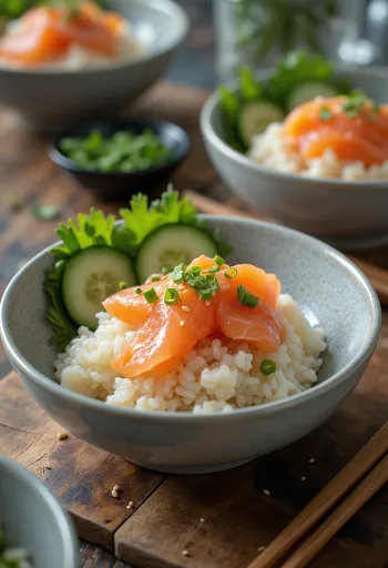 Chirashi-skål serveret med røget fisk og friske grøntsager