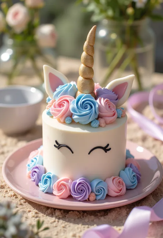 Enhjørningekage med farvede kagebunde og fondantpynt