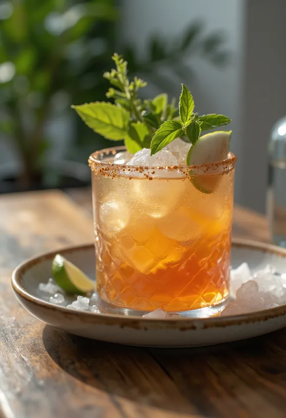 Mai Tai cocktail pyntet med mynteblad og limeskive