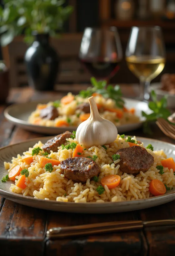 Pilaf med lammekød serveret